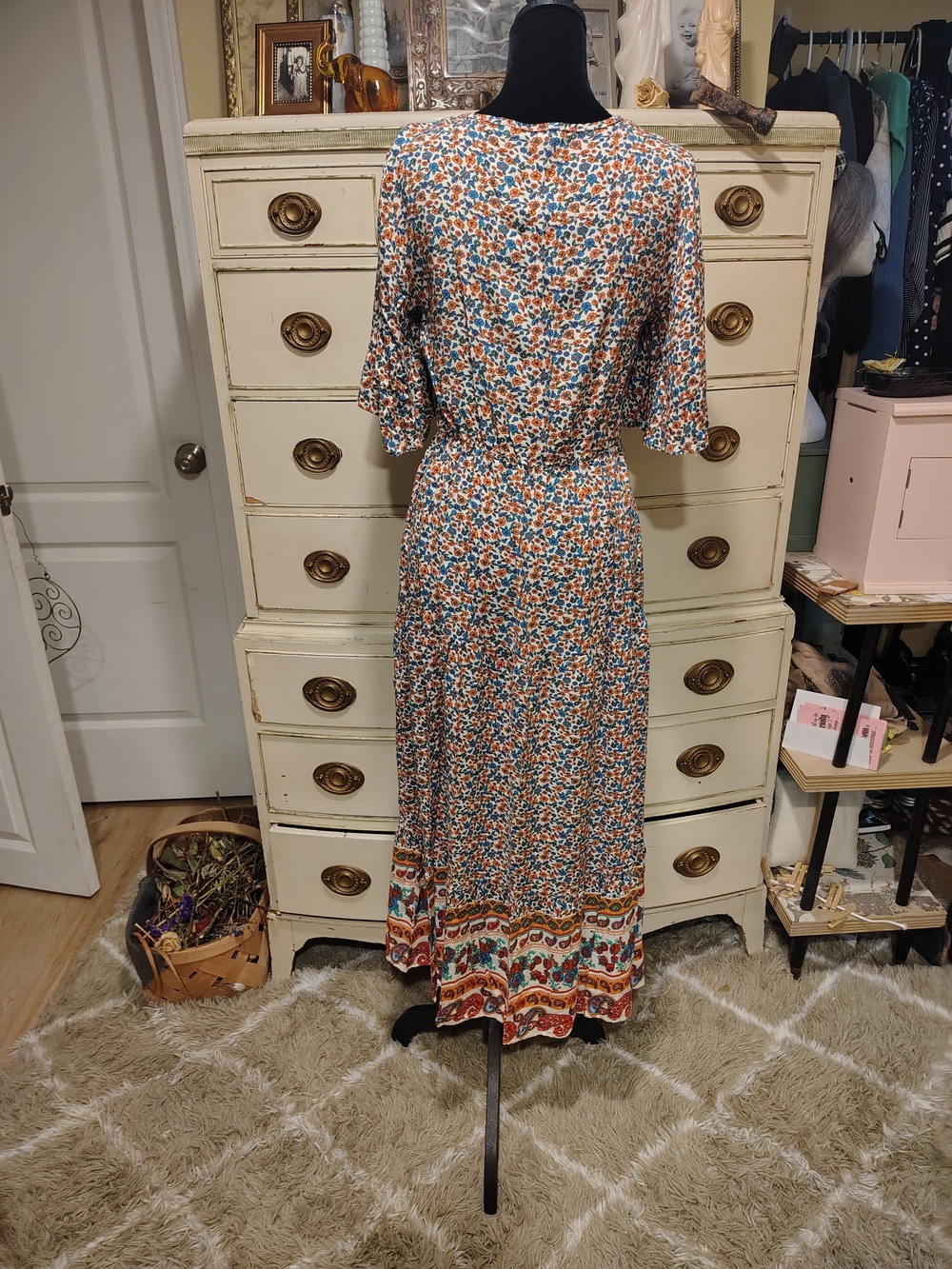 Printed Bohemian V-Neck Maxi Dress in Orange, Red, Blue and Teal - Picture 11 of 16